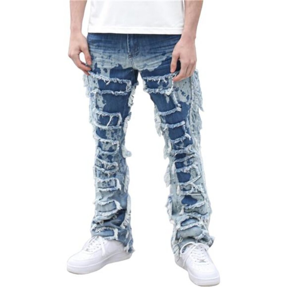 New w Tags Men's Ripped Bootcut Jeans Slim Fit Bell Bottom Ripped Flared Denim - Picture 1 of 7
